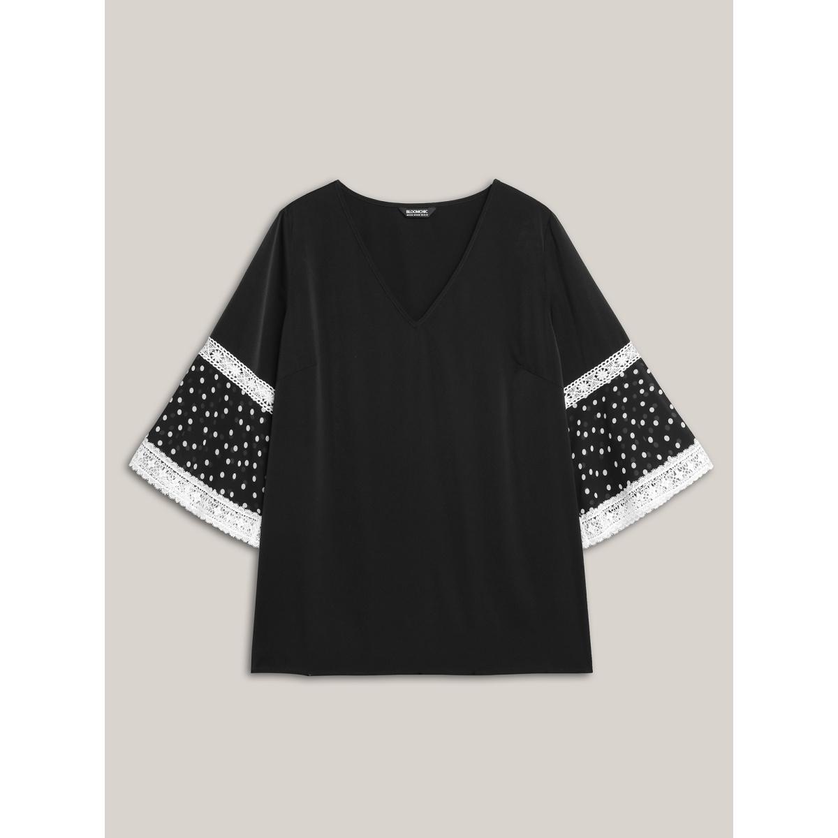 Plus Size Black Polka Dot Paneled V-Neck Flared Shirt Women Elegant Elbow-length sleeve V-neck Everyday Blouses BloomChic 10/M Product Image
