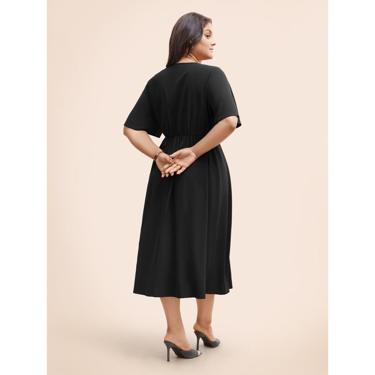 Plus Size Plain Round Neck Plicated Detail Dress Indigo Women Office Pleated Round Neck Half Sleeve Curvy BloomChic 10/M Product Image