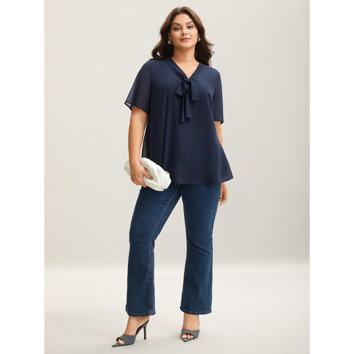 Plus Size Indigo Ribbon Collar Placket Lined Blouse Women Office Short sleeve Ribbon-tied collar Office Blouses BloomChic 26/4X Product Image