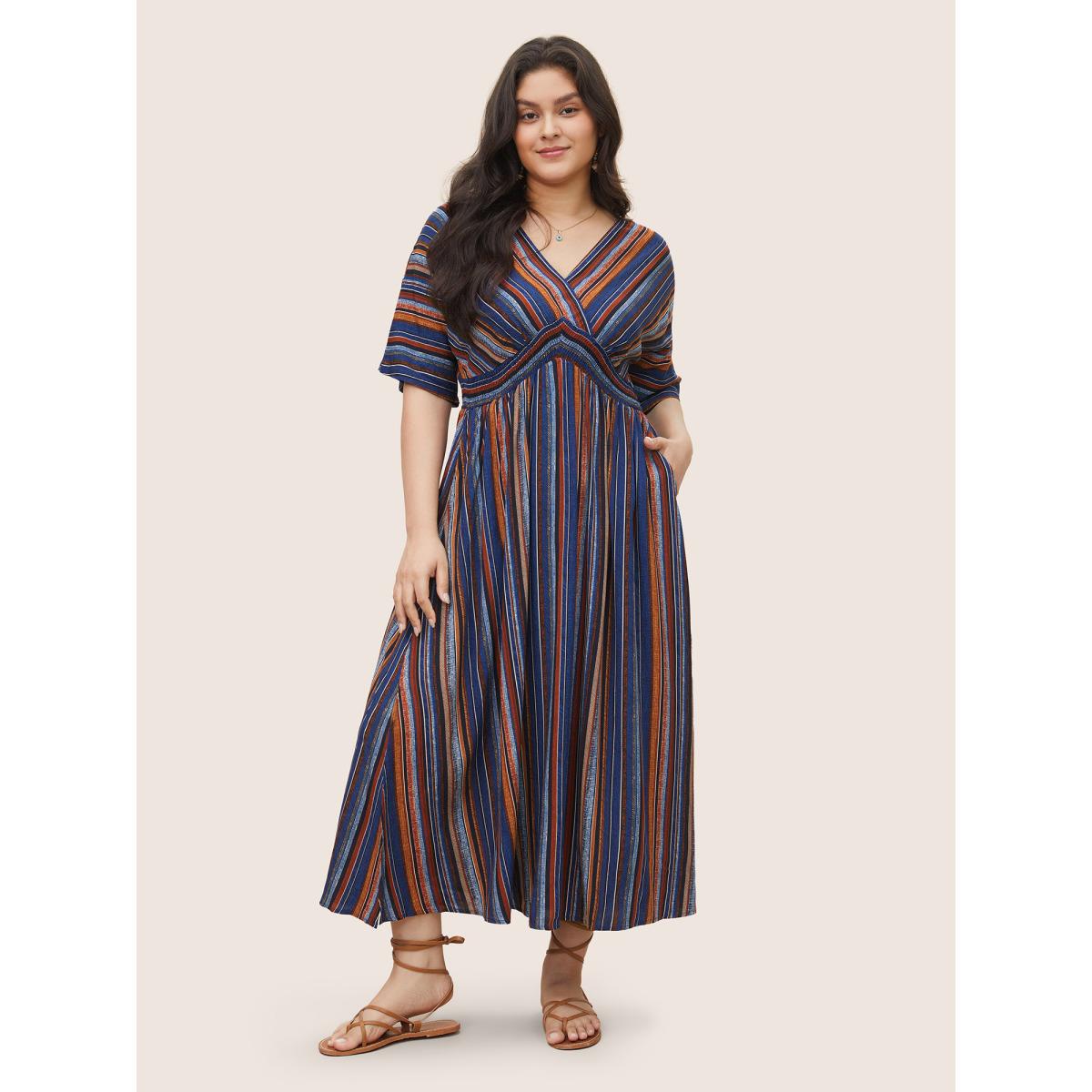Plus Size Striped Contrast Dolman Sleeve Shirred Pocket Split Flutter Dress Blue Women Boho Non V-neck Half Sleeve Curvy BloomChic 14-16/1X Product Image