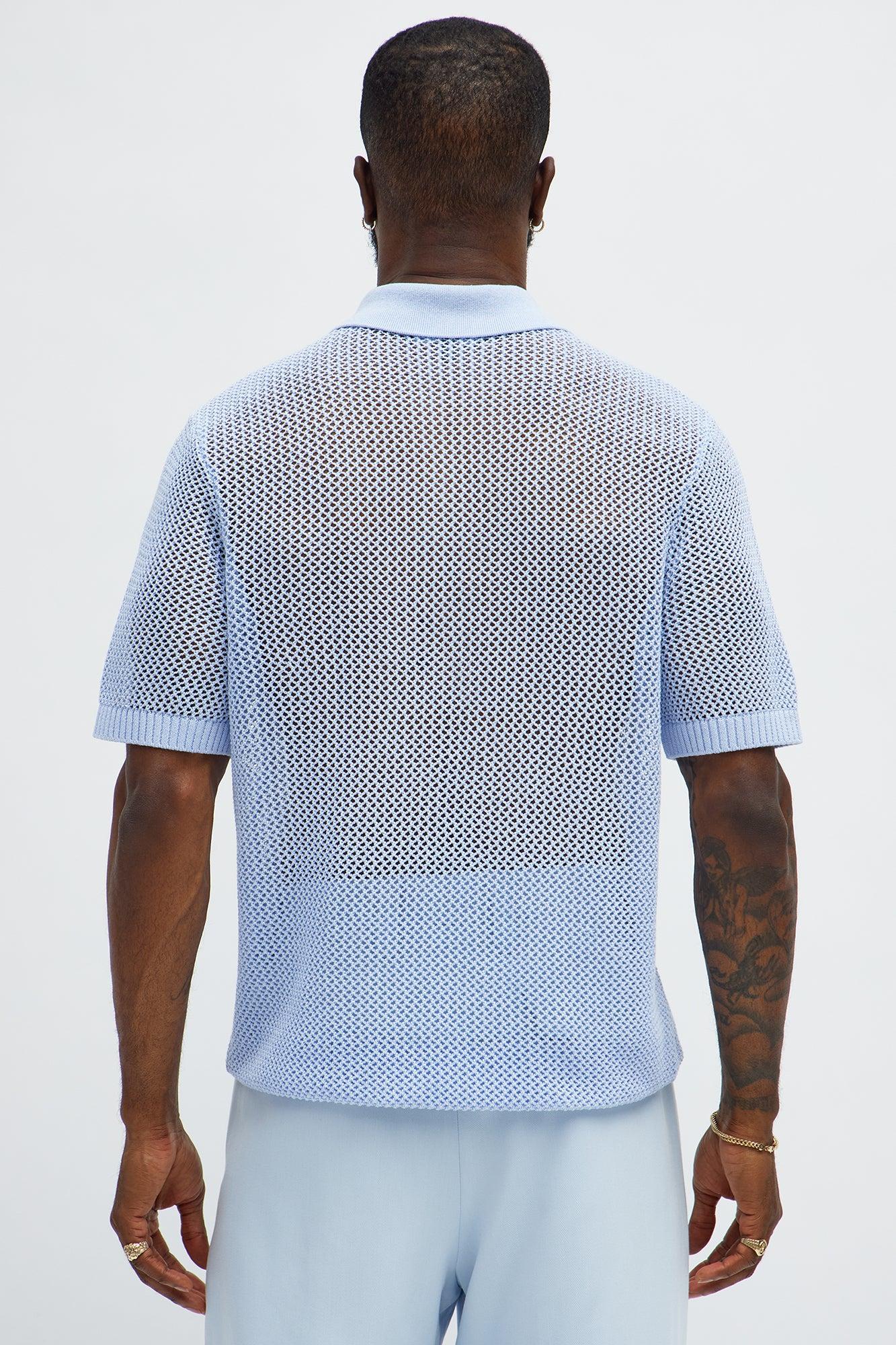 Vacation Me Please Open Knit Polo - Light Blue Product Image