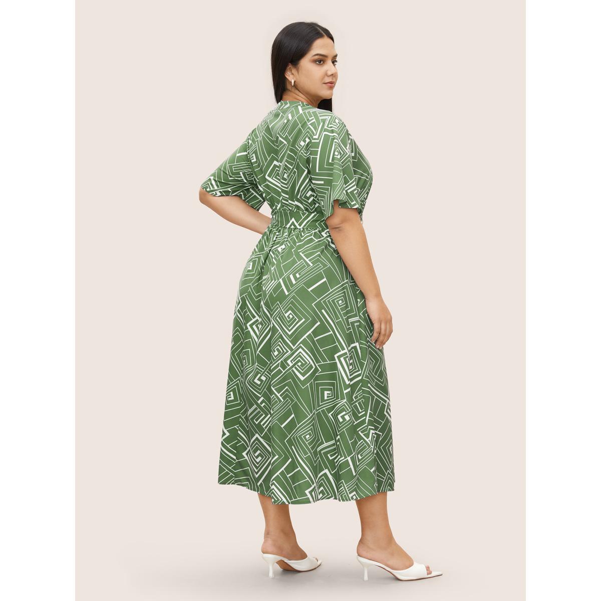 Plus Size Geometric Flat Collar With V Notch Ruffle Sleeve Belted Dress Mint Women At the Office Belted Flat collar with V-notch Short sleeve Curvy Midi Dress BloomChic 14-16/1X Product Image