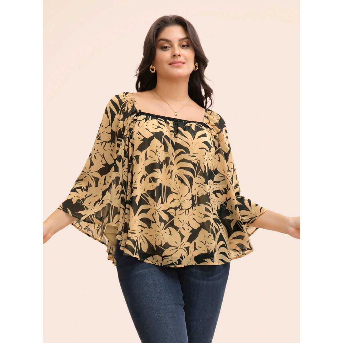 Plus Size Black Silhouette Floral Print Batwing Sleeve Contrast Webbing Blouse Women Elegant Elbow-length sleeve Square Neck Everyday Blouses BloomChic 14-16/1X Product Image