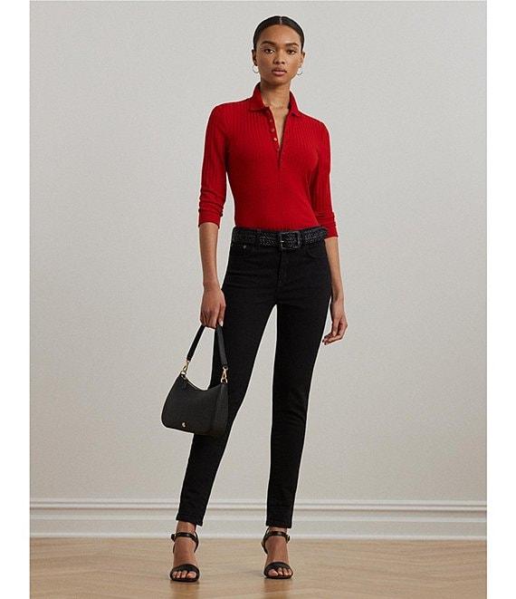 Lauren Ralph Lauren Ribbed Knit Point Collar 3/4 Sleeve Polo Shirt Product Image