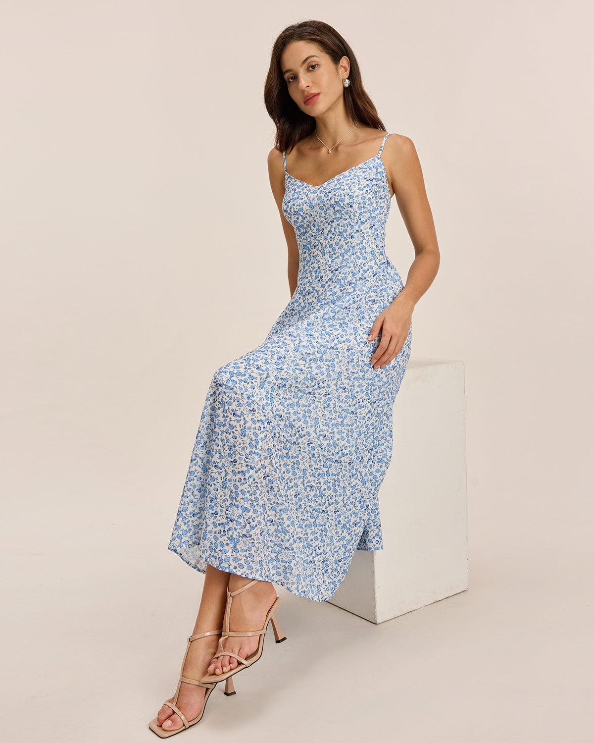 Blue Floral V Neck Shirred Slip Midi Dress Product Image
