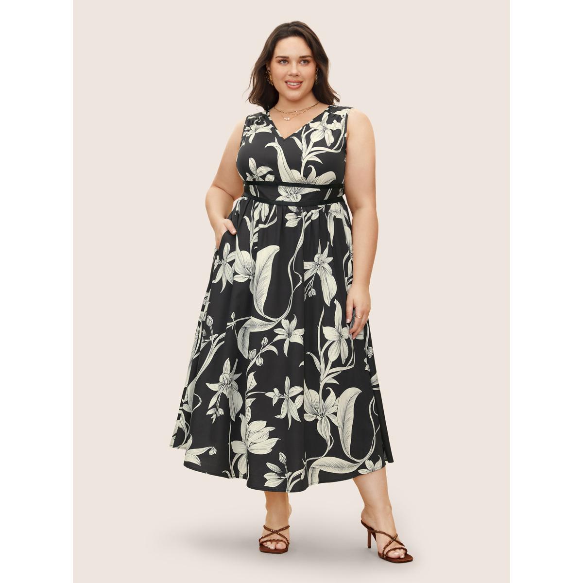 Plus Size Floral Print Gathered Pocket Tank Dress Black Women Casual Pleated V-neck Sleeveless Curvy BloomChic 14-16/1X Product Image