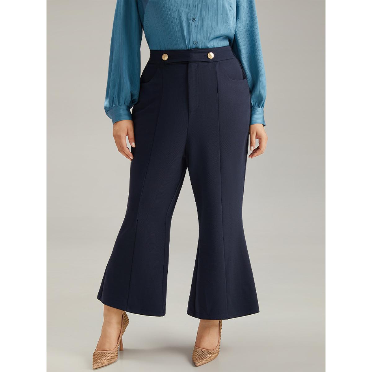 Plus Size Solid Metal Detail Pocket Flare Leg Pants Women Midnight Office Flare Leg High Rise Office Pants BloomChic 18-20/2X Product Image