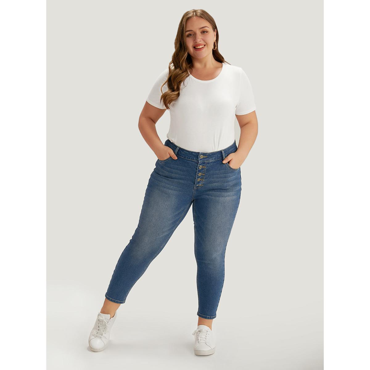 Plus Size Plain Button Fly High Rise Medium Wash Jeans Women Blue Casual Plain Plain High stretch Pocket Jeans BloomChic 16/1X Product Image