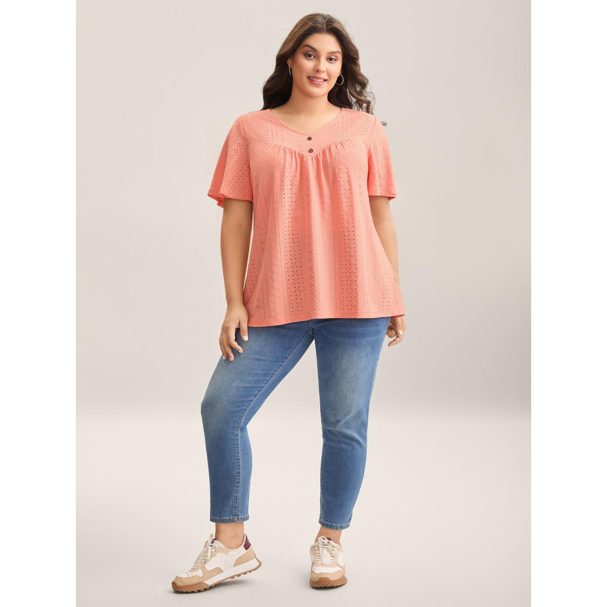 Plus Size Textured Button Detail Pleated T-Shirt Coral Women Casual Texture V-neck Everyday-Casual T-shirts BloomChic 26/4X Product Image