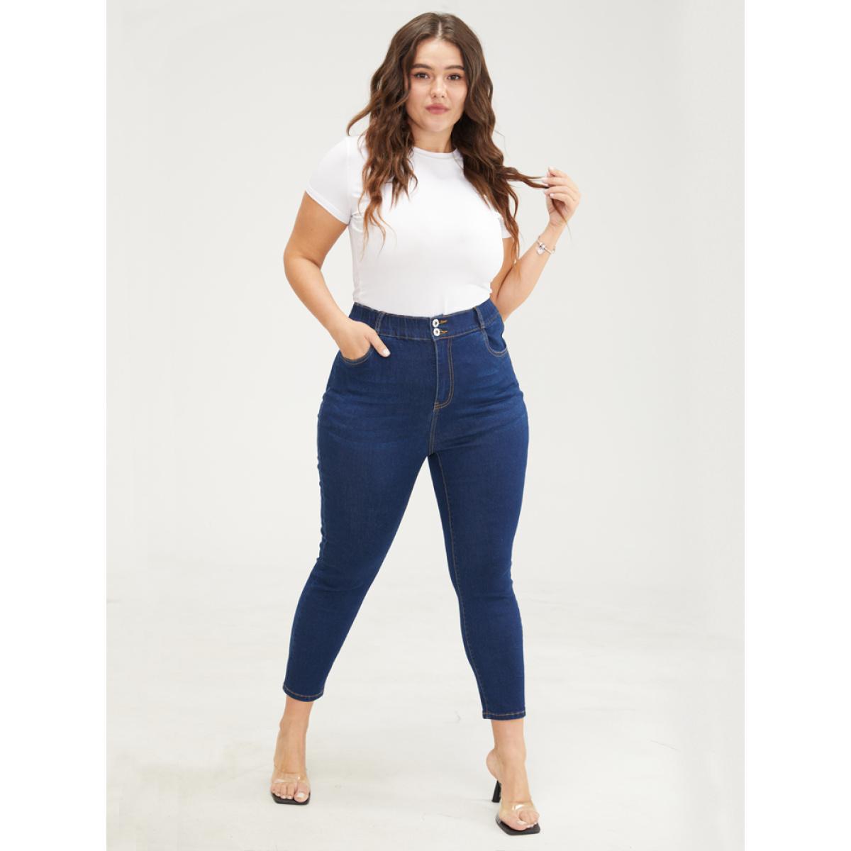 Plus Size Skinny Very Stretchy High Rise Dark Wash Elastic Waist Jeans Women DarkBlue Casual Plain High stretch Pocket Jeans BloomChic 30/6X Product Image