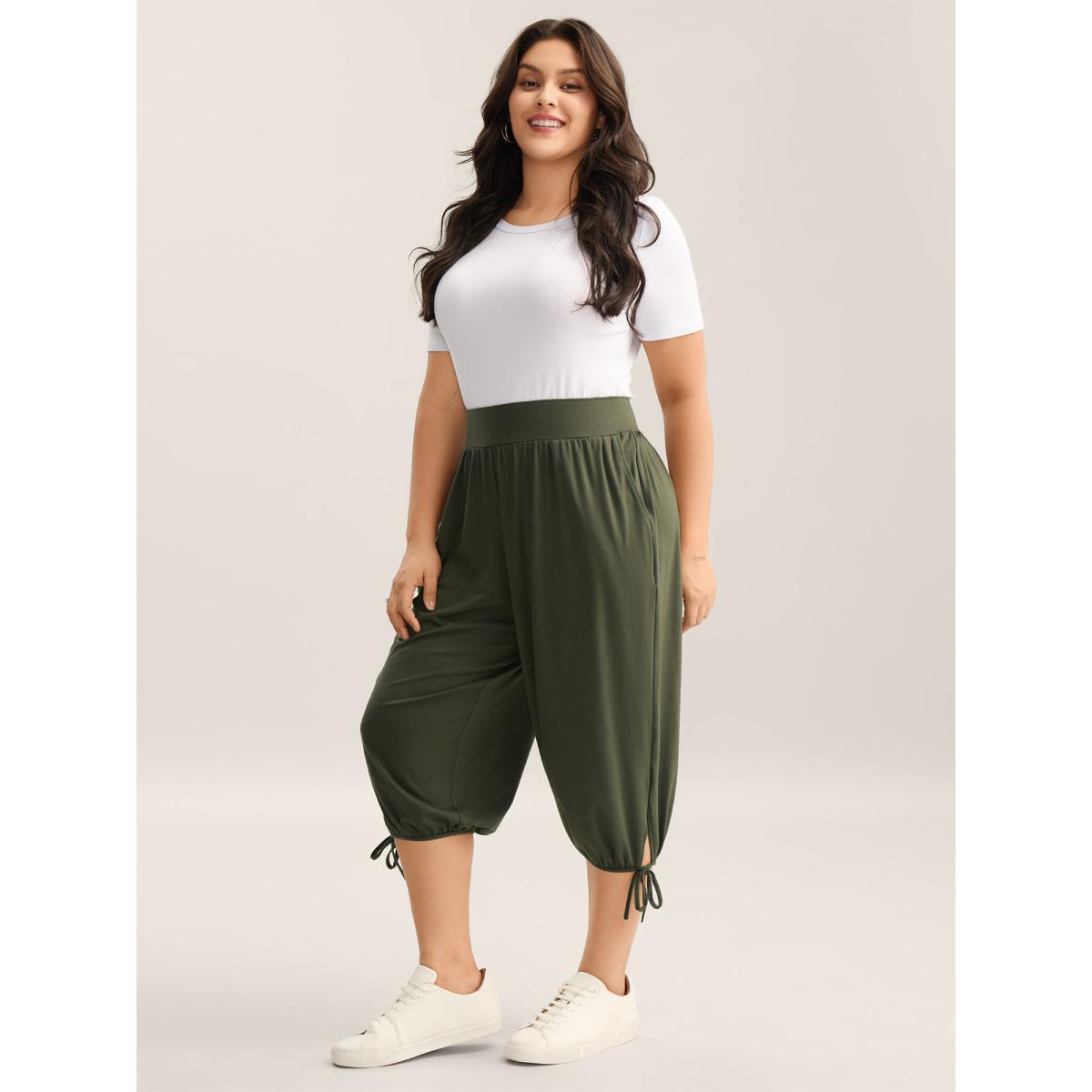 Plus Size Keyhole Hem Ties Jogger Pants Women ArmyGreen Leisure Mid Rise Casual Pants BloomChic 12/L Product Image