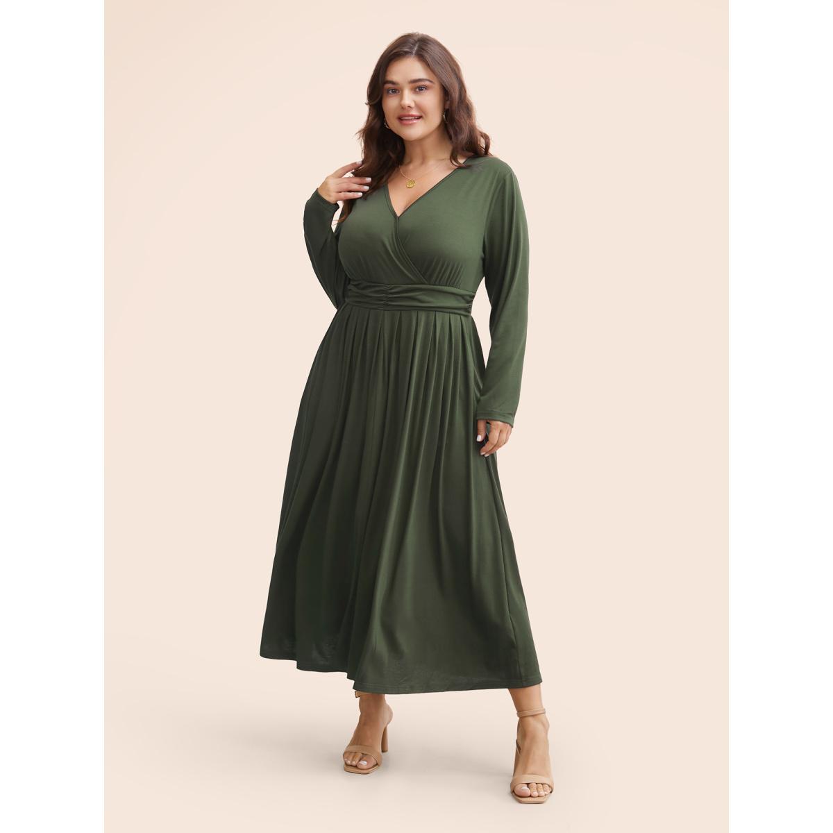 Plus Size Supersoft Essentials Ruched Wrap Pleated Hem Dress DimGray Women Casual Non Overlap Collar Long Sleeve Curvy Midi Dress BloomChic 26/4X Product Image