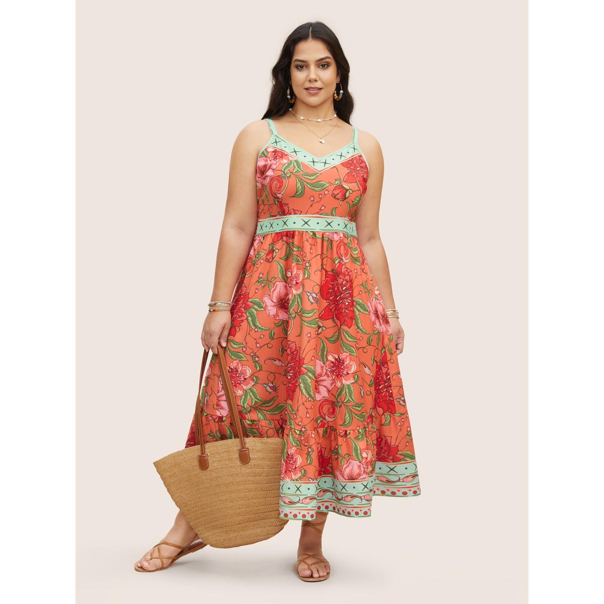 Plus Size Floral Print Elastic Waist Shirred Cami Dress Salmon Women Resort Non V-neck Sleeveless Curvy BloomChic 10/M Product Image