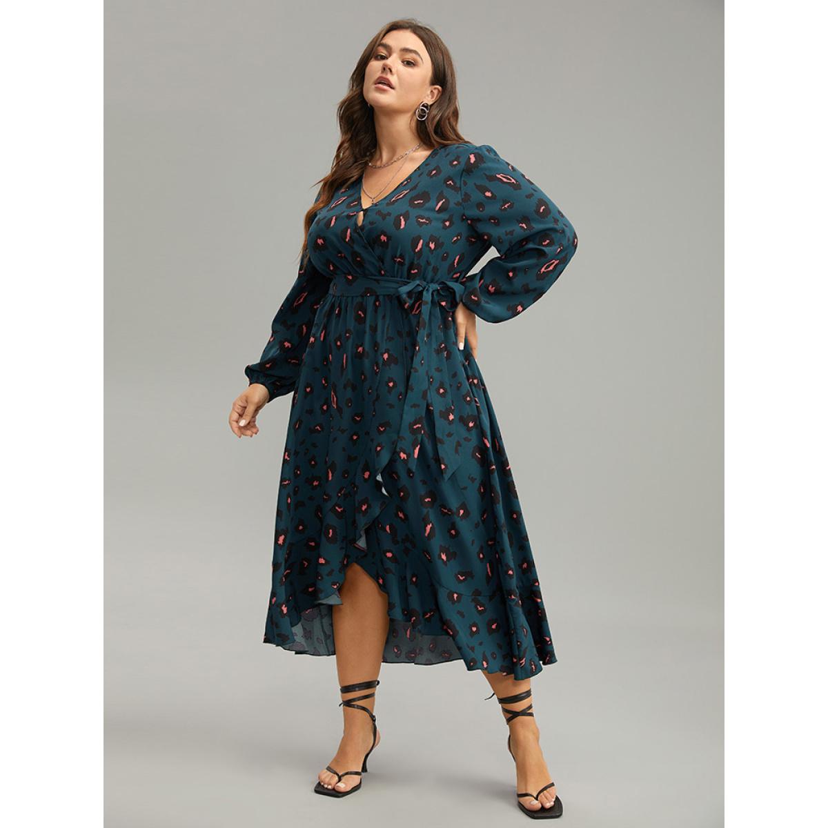Plus Size Allover Print Surplice Neck Flutter Trim Dress DarkSlateGray Women Elegant Elastic cuffs V-neck Long Sleeve Curvy Midi Dress BloomChic 18-20/2X Product Image