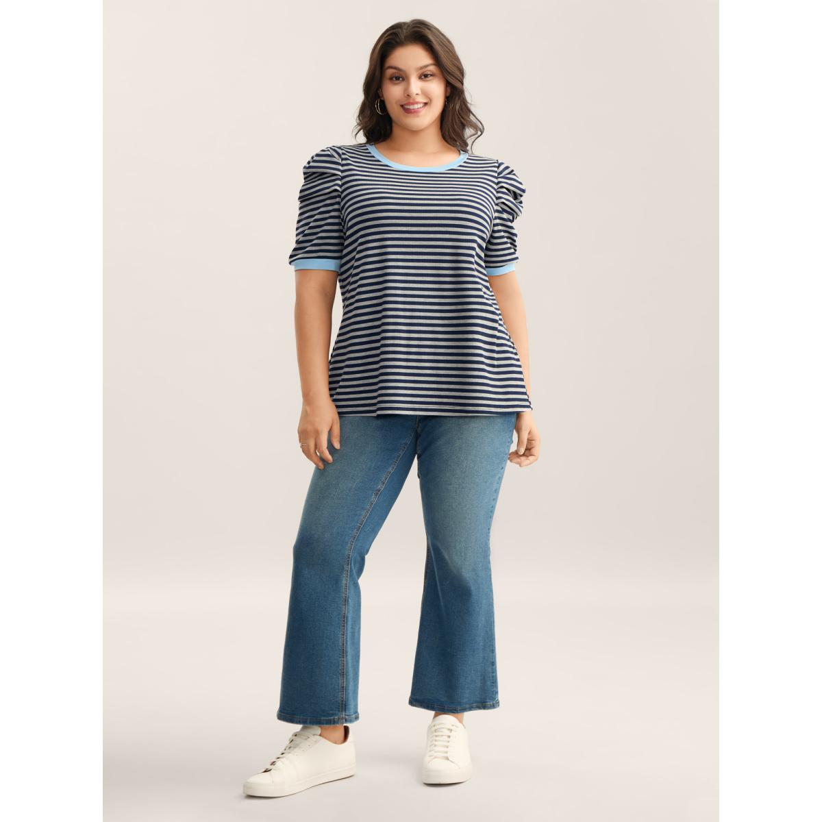 Plus Size Textured Stripes Color Contrast T-Shirt Indigo Women Texture Round Neck Everyday-Casual T-shirts BloomChic 14-16/1X Product Image