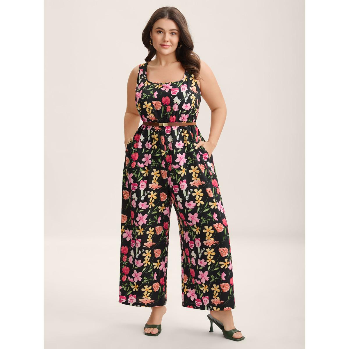 Plus Size Black Floral Print Pockets Straight-Leg Jumpsuit Women Sleeveless Square Neck Everyday-Elegant Loose Jumpsuits BloomChic 14-16/1X Product Image