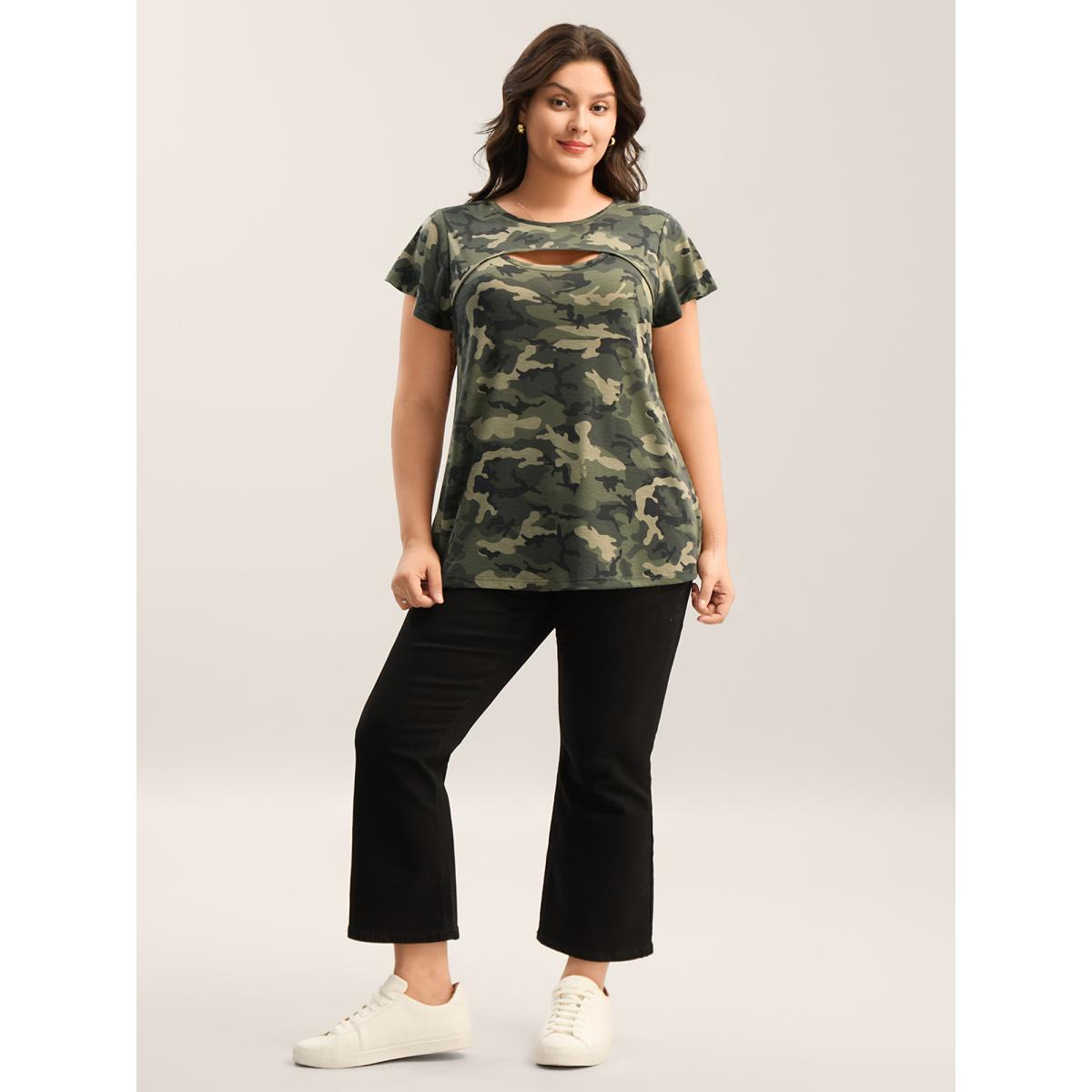 Plus Size Camouflage Print Round Neck T-Shirt Sage Women Cut-Out Round Neck Everyday-Casual T-shirts BloomChic 26/4X Product Image