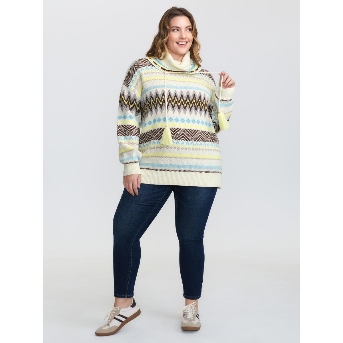 Plus Size Jacquard Boho Print Turtleneck Pullover Ivory Women Playful Loose Long Sleeve Ruffled collar Casual Pullovers BloomChic 30/6X Product Image