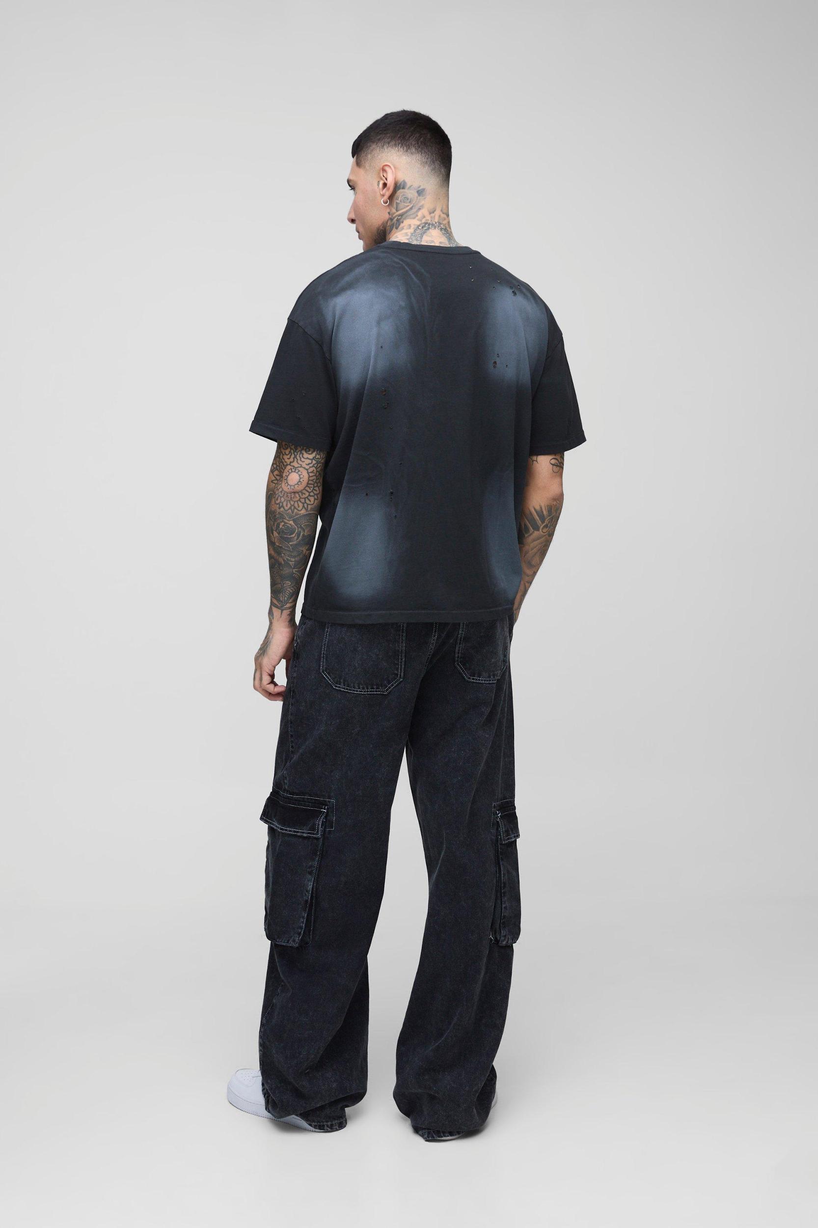 Tall Acid Wash Contrast Stitch Cargo Jeans | boohooMAN USA Product Image