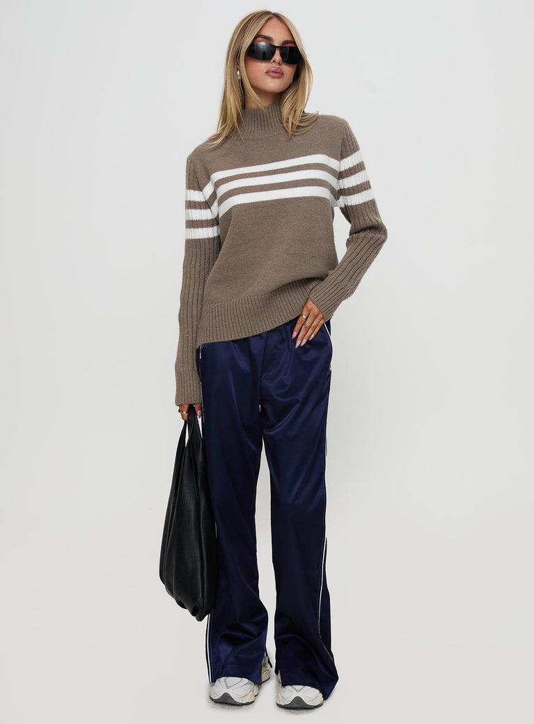 Bessemer Funnel Neck Knit Sweater Mocha Stripe Product Image