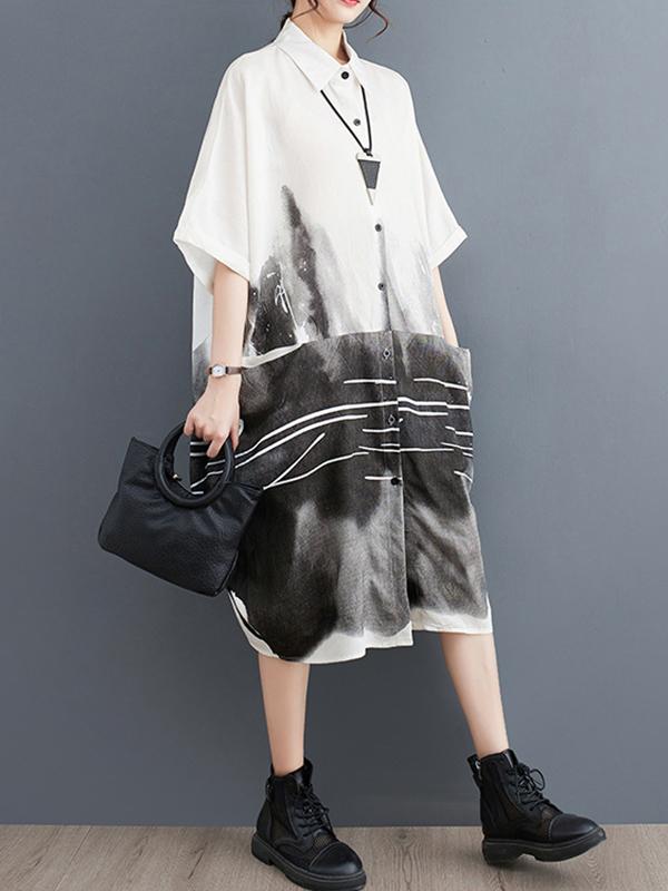 Half Sleeves Loose Printed Lapel Midi Dresses Product Image