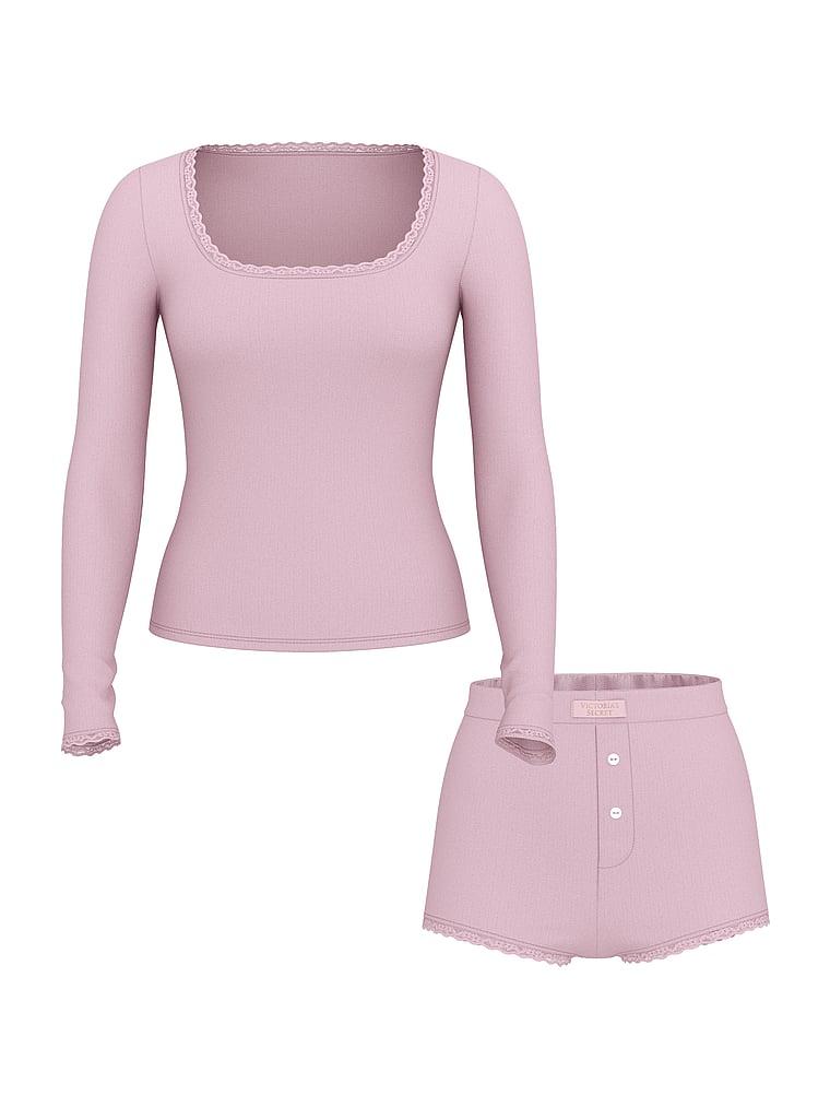 Pointelle Modal Long-Sleeve Scoop Top & Shortie Set Product Image