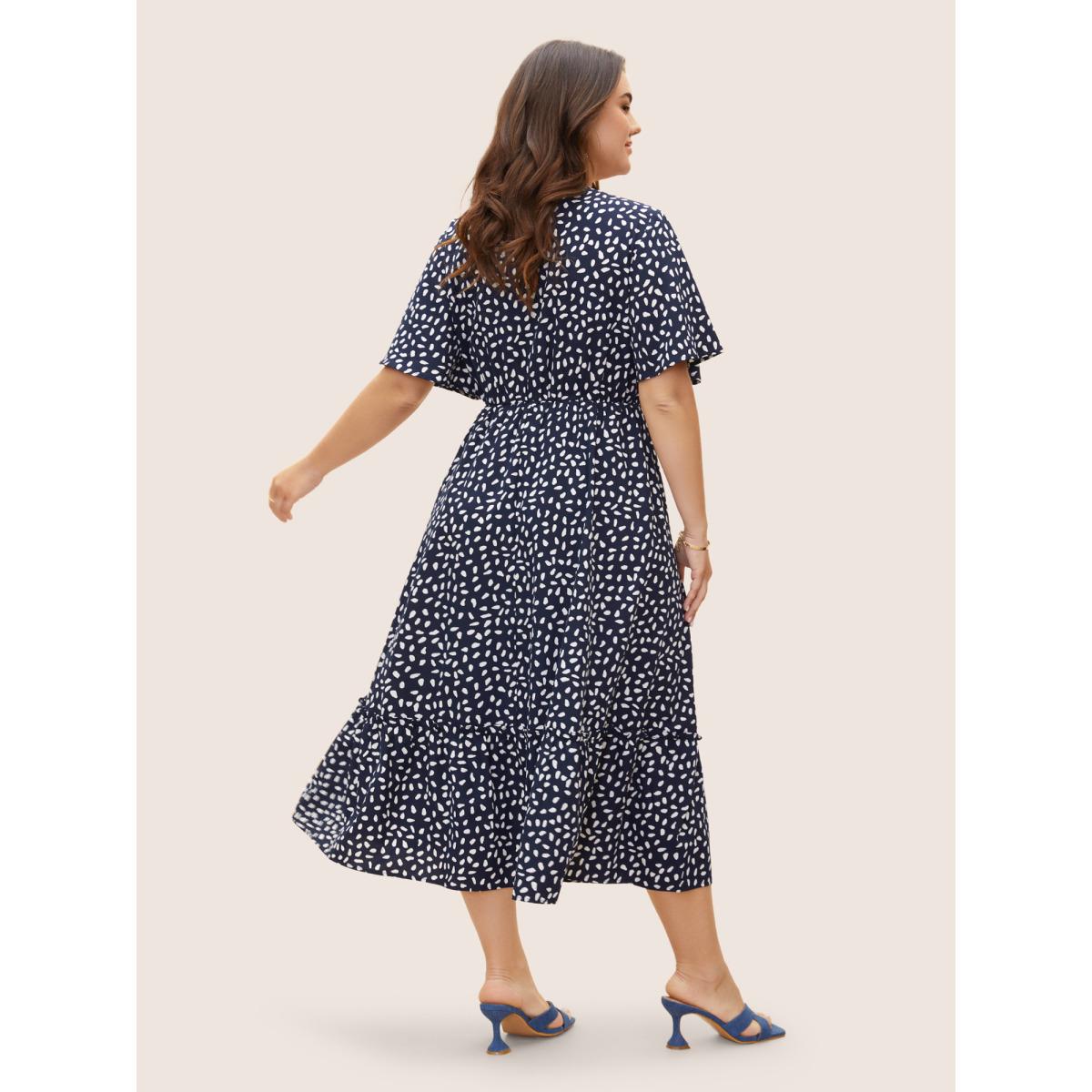 Plus Size Polka Dot Button Detail Ruffle Sleeve Pleated Dress DarkBlue Women Elegant Button V-neck Short sleeve Curvy BloomChic 30/6X Product Image