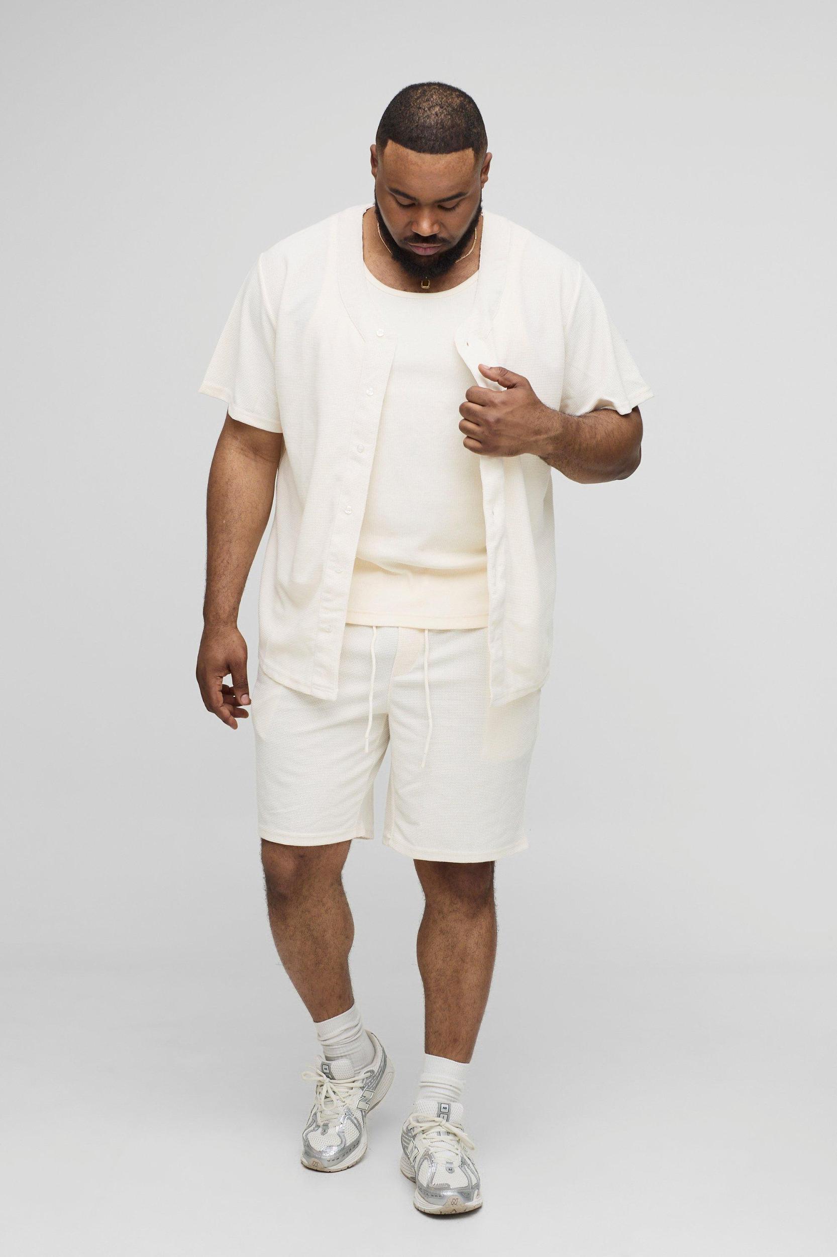 Plus Waffle Regular Fit Baseball Shirt and Short Set | boohooMAN USA Product Image