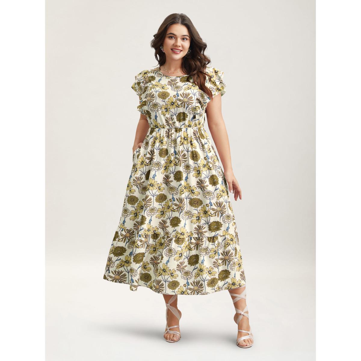 Plus Size Ruffled Floral Print Stretchy-Waist Midi Dress Lightyellow Women Elegant Ruffles Round Neck Cap Sleeve Curvy BloomChic 30/6X Product Image