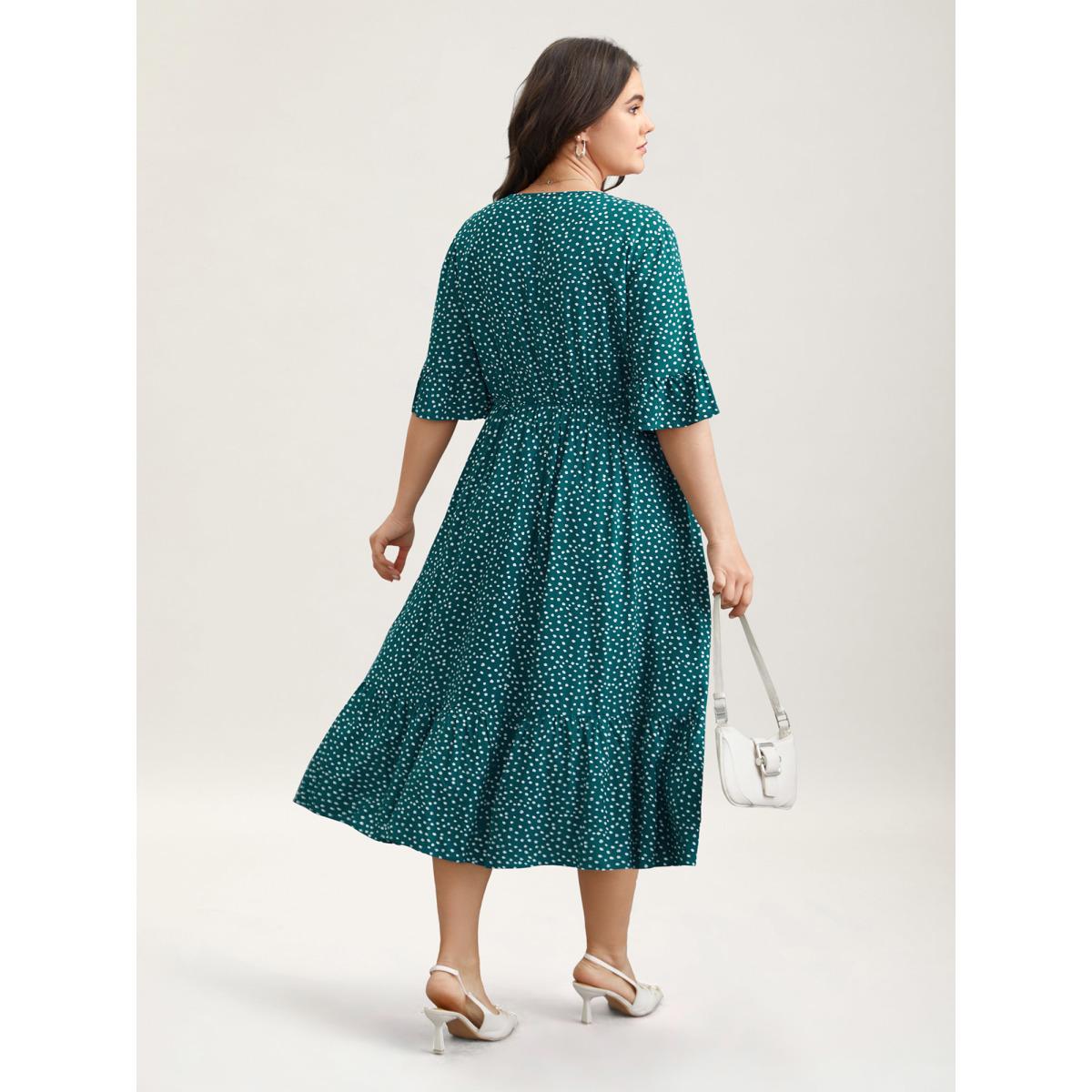 Plus Size Button Detail Front Tiered Ruffle Sleeve Midi Dress Cyan Women At the Office Button V-neck Half Sleeve Curvy BloomChic 28/5X Product Image