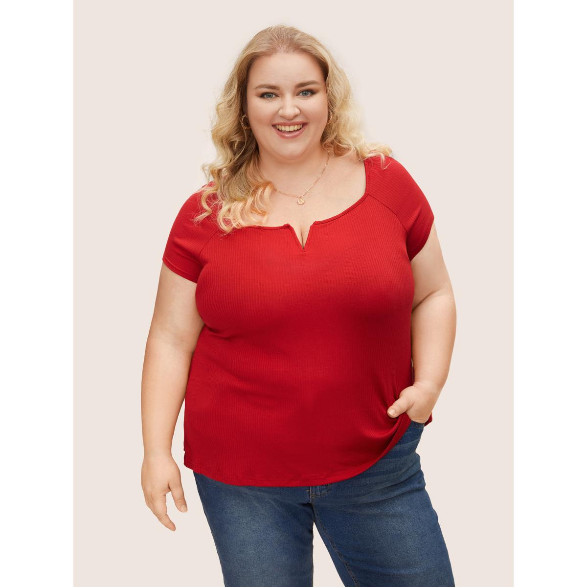 Plus Size Solid Notched Collar Pit Strip T-shirt Brightred Women Timeless Non Notched collar Bodycon Elegant T-shirts BloomChic 26/4X Product Image