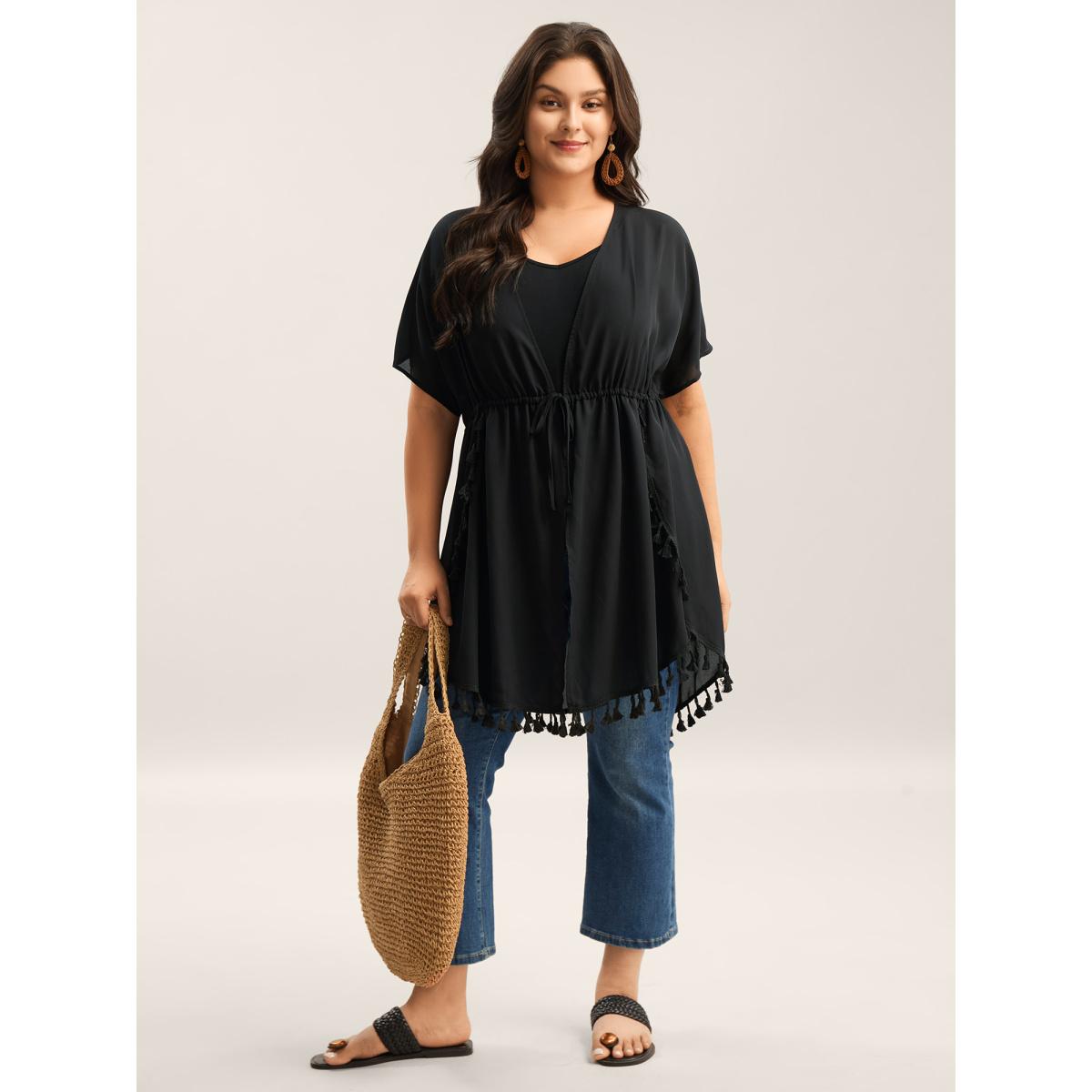 Plus Size Overlap Hem Waist-Tie Sheer Kimono Women Black Overlapping Vacation Kimonos BloomChic 14-16/1X Product Image