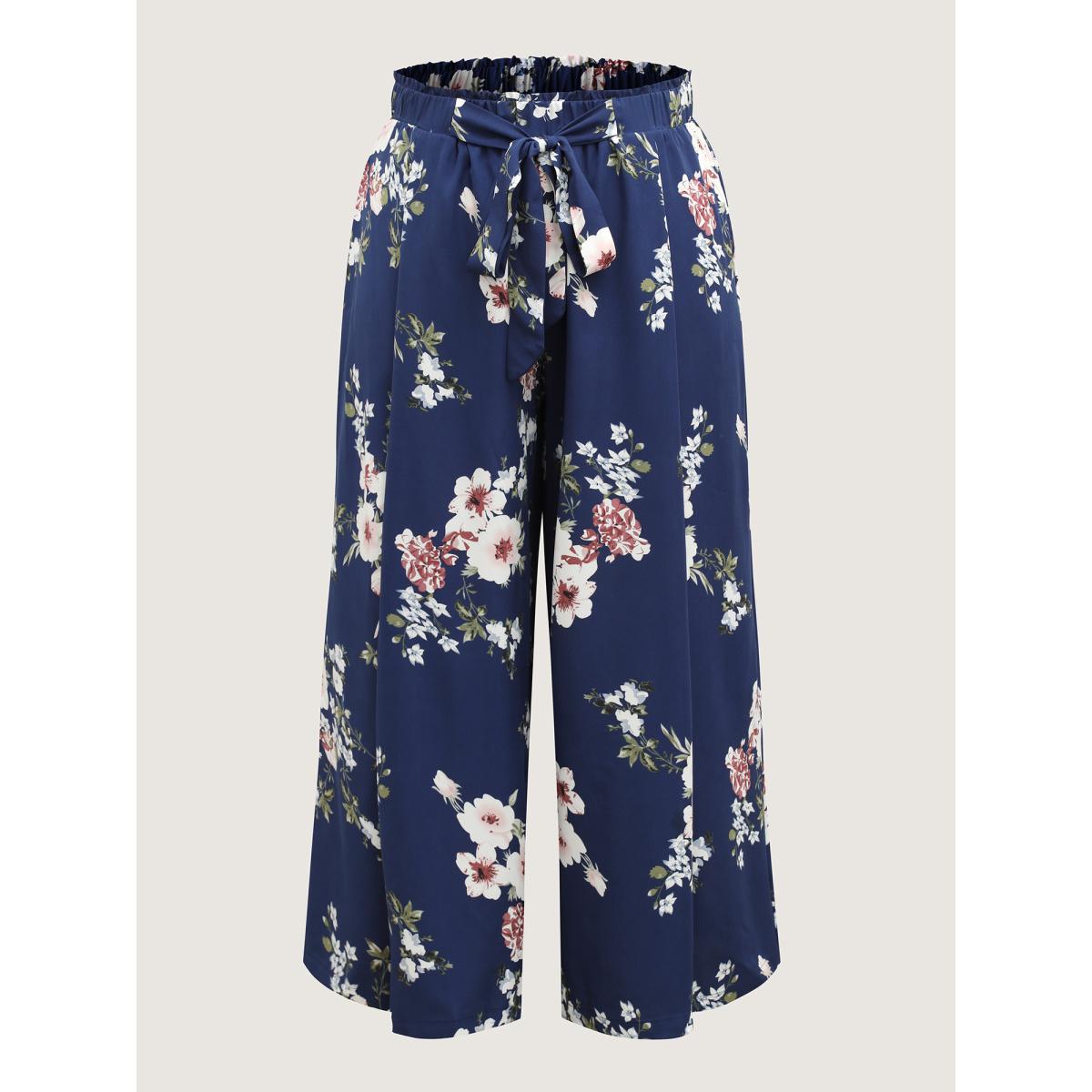 Plus Size Large Floral Print Wide-Leg Pants Women Indigo Romantic Loose Mid Rise Elegant Pants BloomChic 22-24/3X Product Image