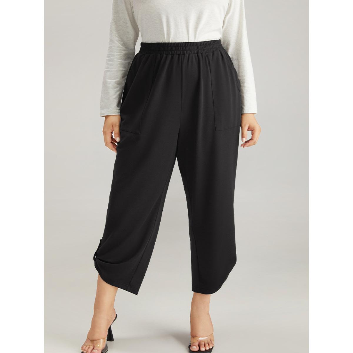 Plain Elastic Waist Button Detail Sweatpant Black Plus Size Women Casual Dailywear Plain 10/M Bloomchic Product Image