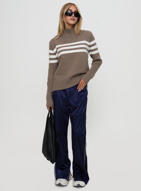 Bessemer Funnel Neck Knit Sweater Mocha Stripe Product Image