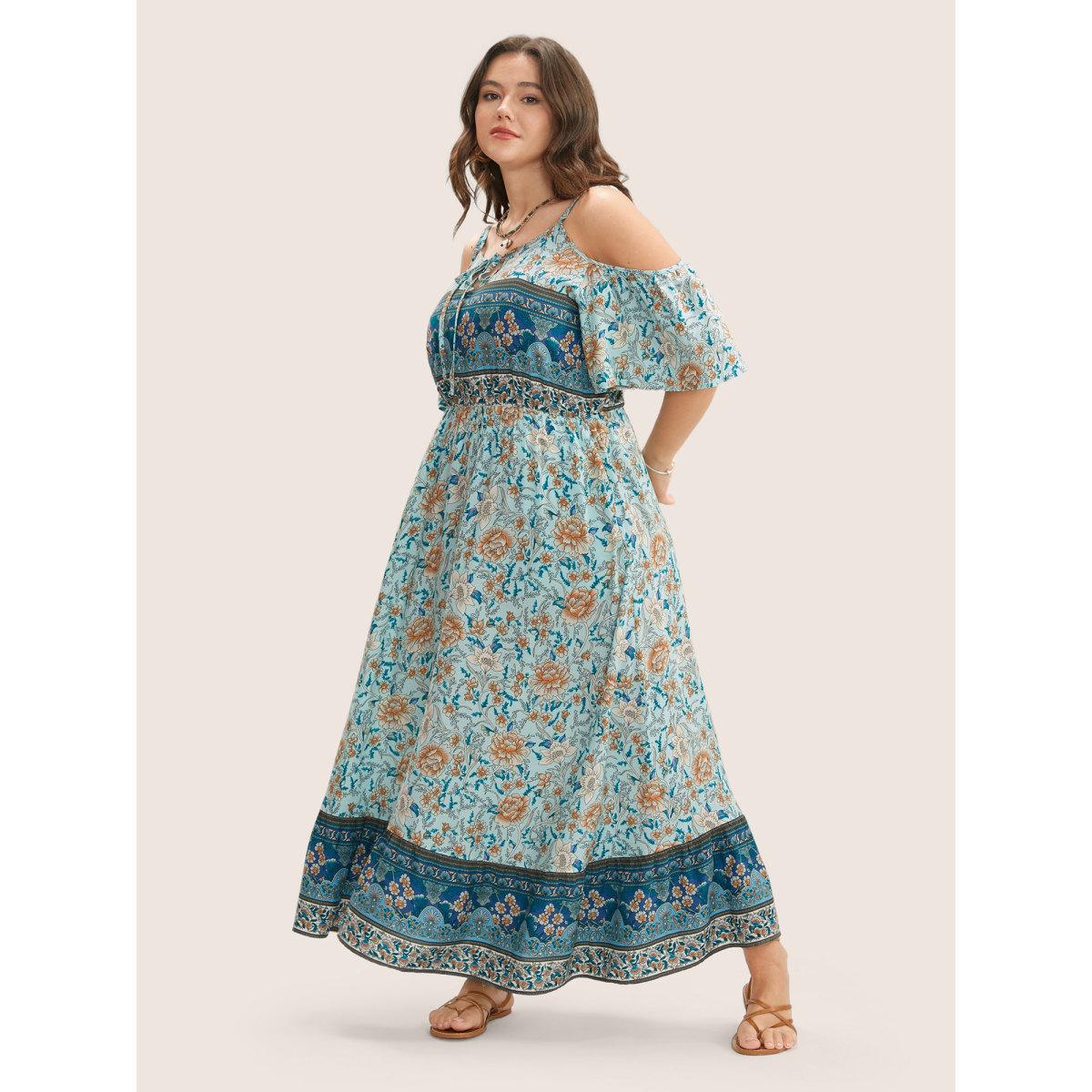 Plus Size Floral Print Pocket Keyhole Ruffles Cold Shoulder Maxi Dress Emerald Women Boho Non Non Half Sleeve Curvy Long Dress BloomChic 18-20/2X Product Image