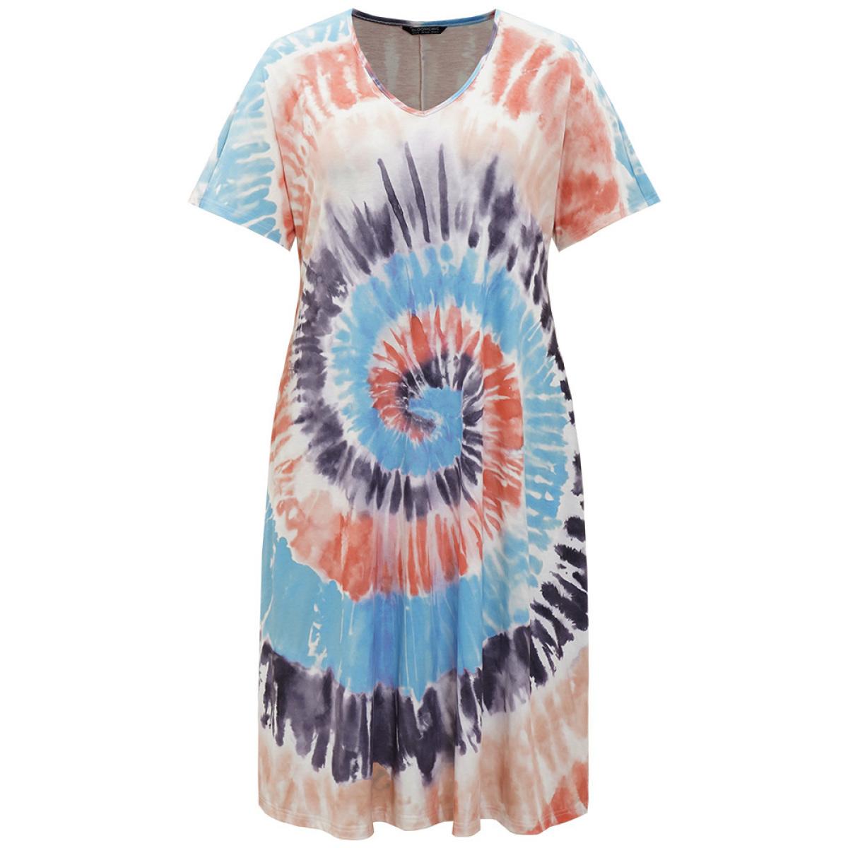 Plus Size Tie Dye Pocket Split Side Dolman Sleeve Dress Multicolor Women Casual Tie Dye V-neck Short sleeve Curvy Midi Dress BloomChic 28/5X Product Image