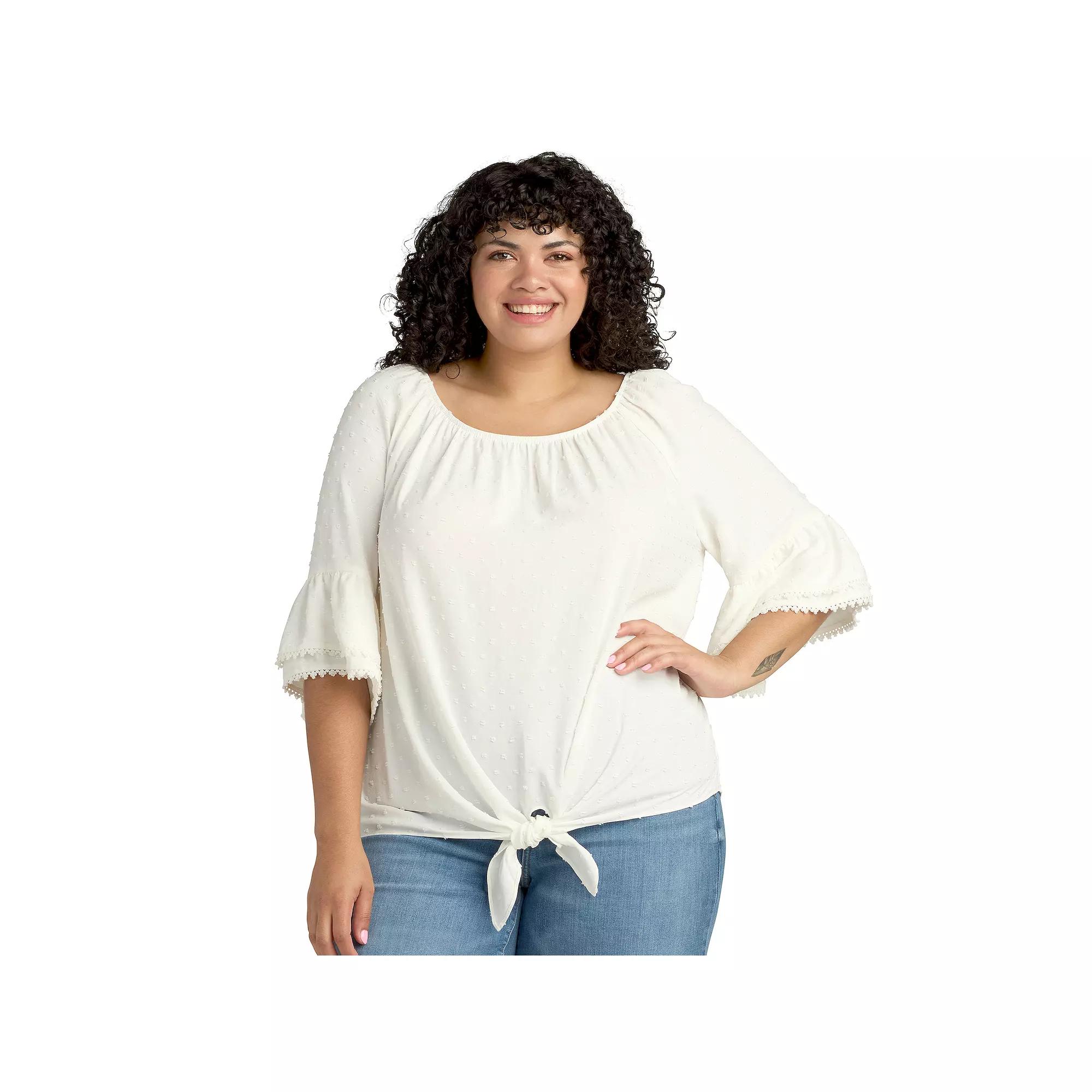 Plus Size AB Studio Flounce Sleeve Tie Hem Peasant Top, Womens Product Image
