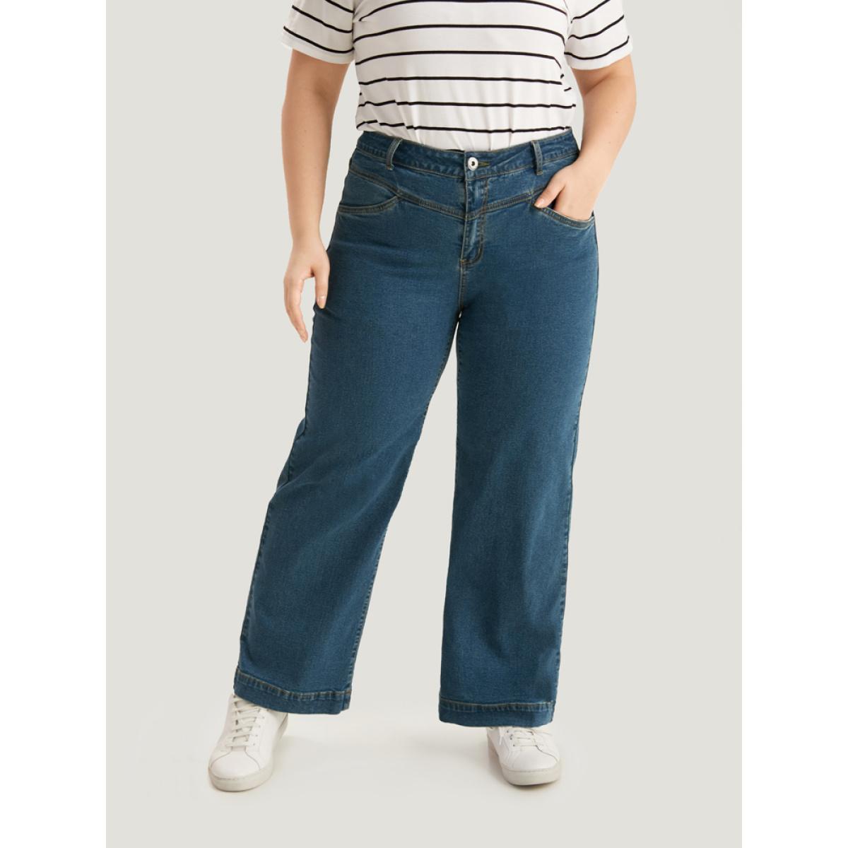 Plus Size Solid Patchwork Wide Leg Medium Wash Jeans Women Cerulean Casual Plain Plain High stretch Pocket Jeans BloomChic 14/1X Product Image