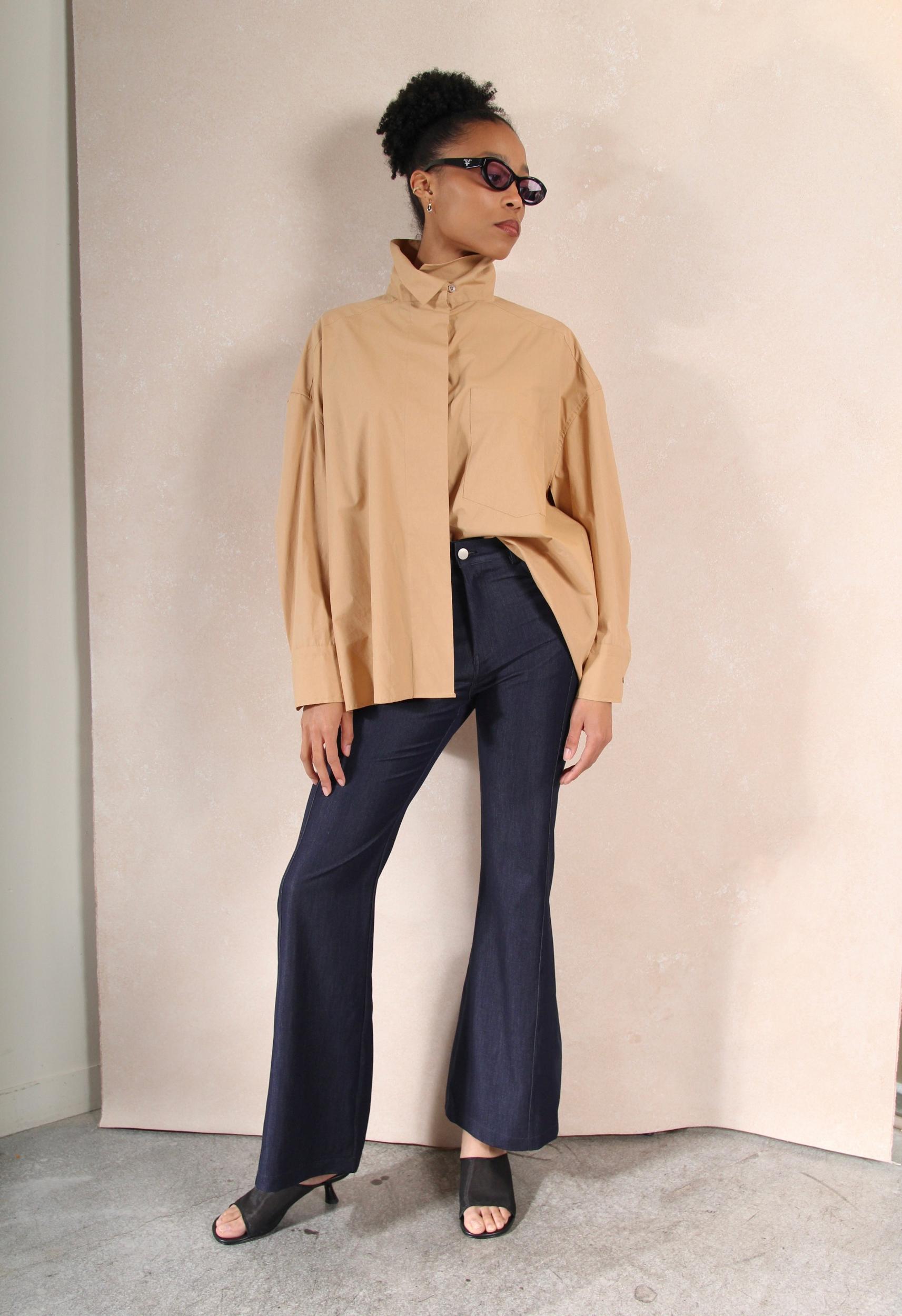 High Collar Button Down in Tan Product Image