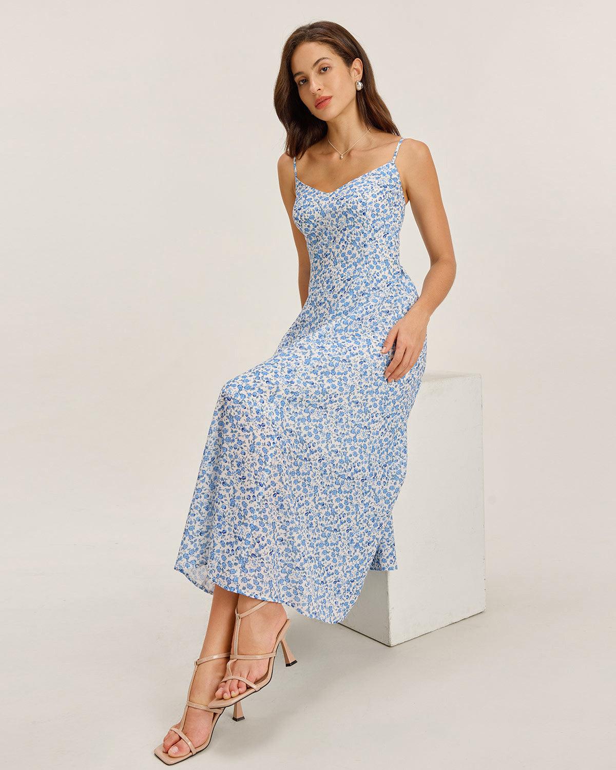 Blue Floral V Neck Shirred Slip Midi Dress Product Image