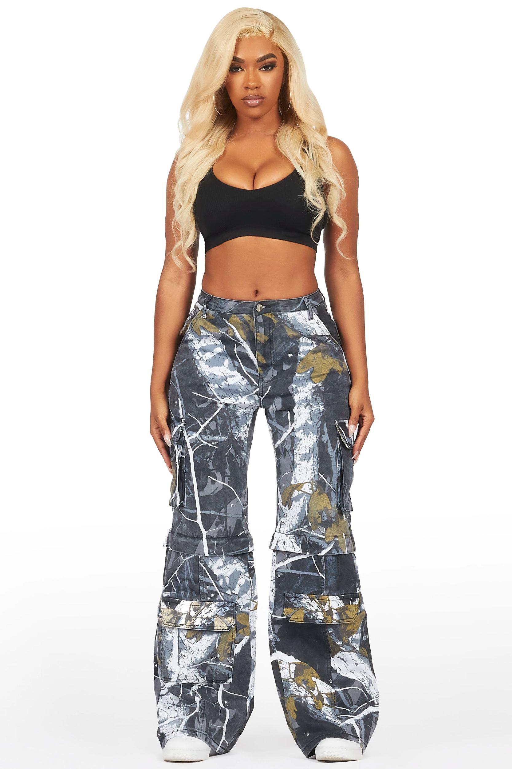 Precious Black Tree Camo Baggy Stacked Jean Female Product Image