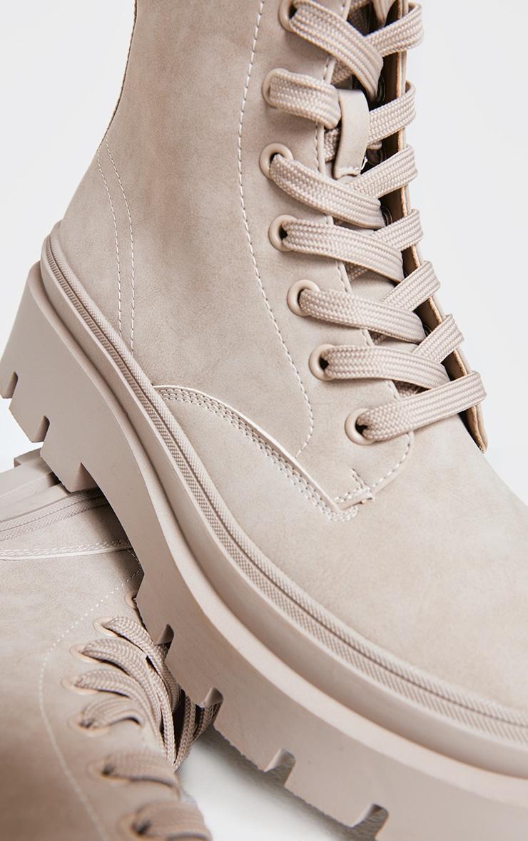 Beige Round Toe Chunky Sole Biker Boots Product Image