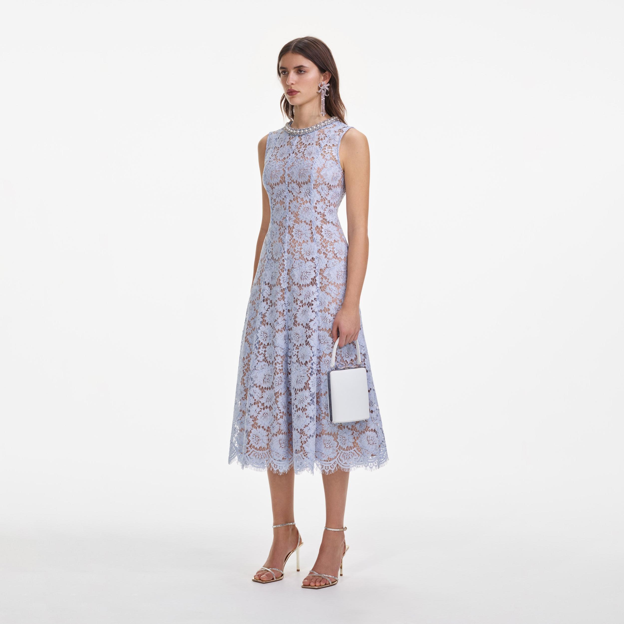 Blue Fine Lace Pearl Midi Dress Product Image