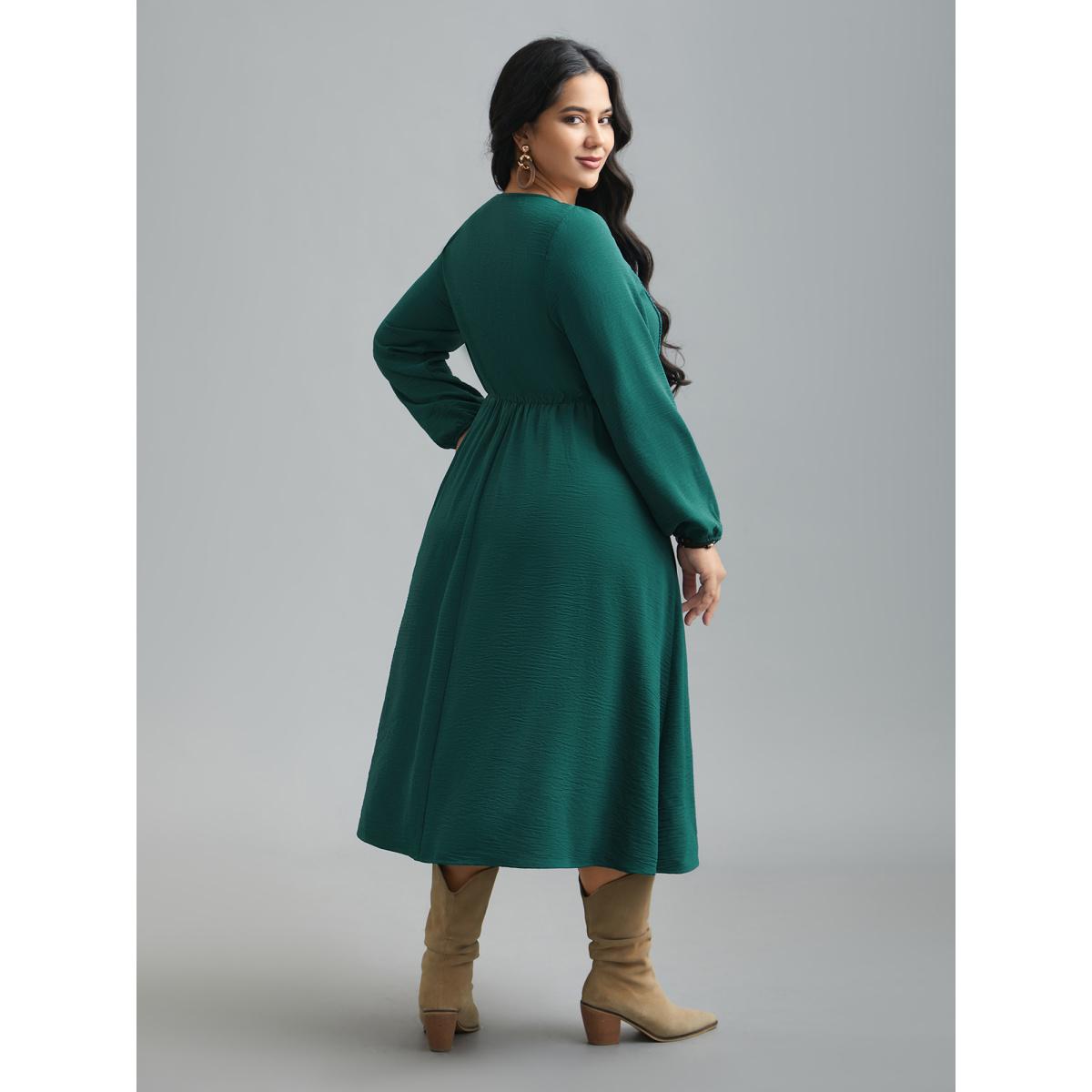 Plus Size Lace Neck Detail Tassels Midi Dress DarkGreen Women Resort Tie knot Square Neck Long Sleeve Curvy BloomChic 14-16/1X Product Image