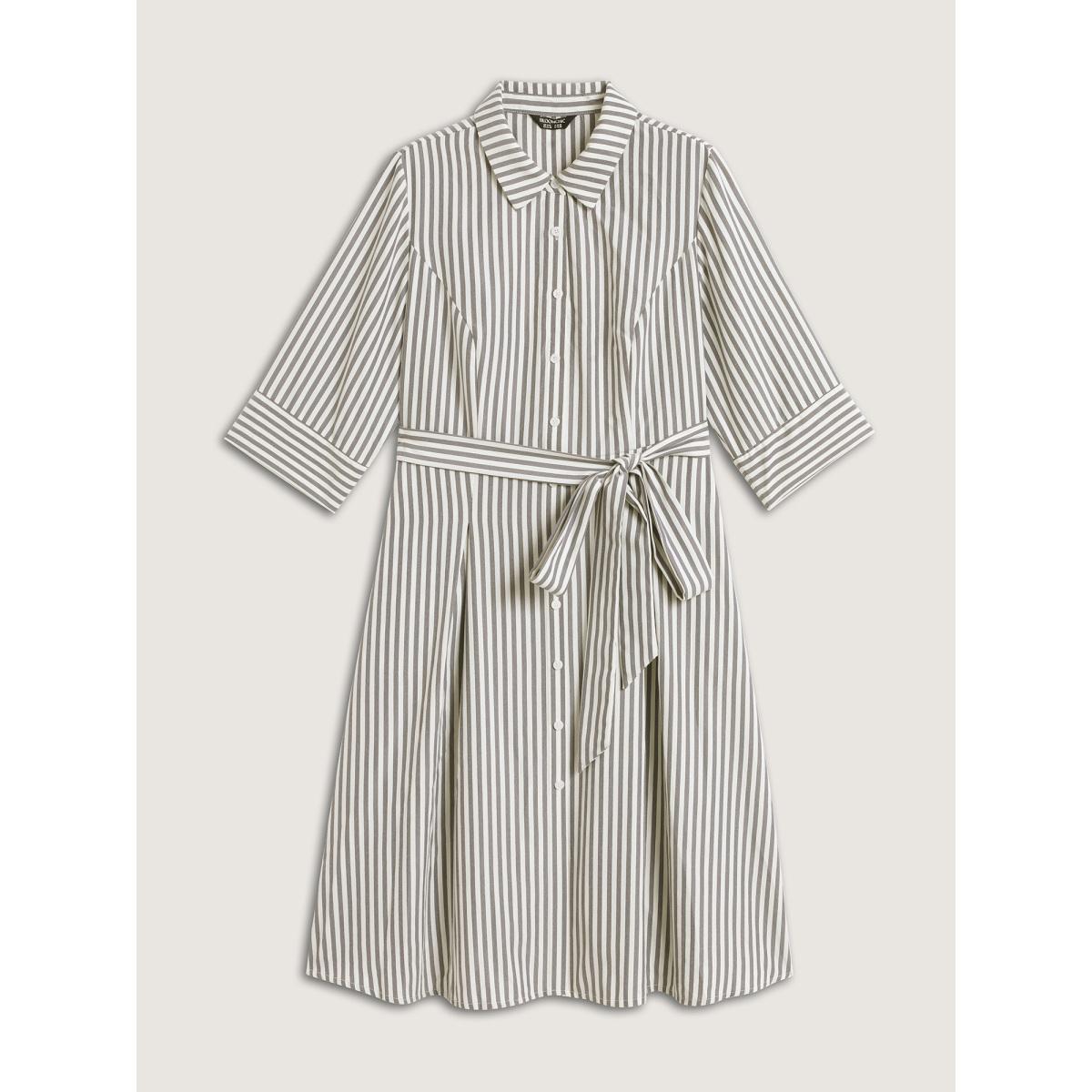 Plus Size Striped Waist Belt Midi Shirt Dress Indigo Women Office Belted Shirt collar Elbow-length sleeve Curvy BloomChic 18-20/2X Product Image