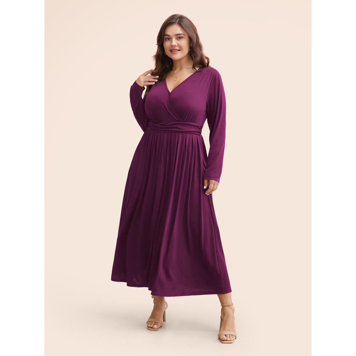 Plus Size Supersoft Essentials Ruched Wrap Pleated Hem Dress DimGray Women Casual Non Overlap Collar Long Sleeve Curvy Midi Dress BloomChic 26/4X Product Image