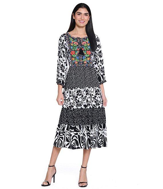 John Mark Split V-Neck 3/4 Sleeves Woven Print Midi Dress Product Image