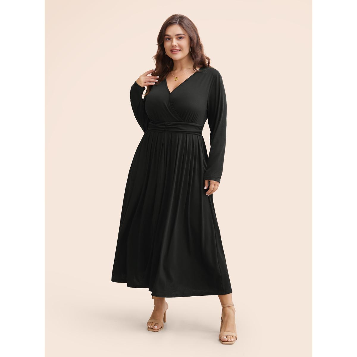 Plus Size Supersoft Essentials Ruched Wrap Pleated Hem Dress Black Women Casual Non Overlap Collar Long Sleeve Curvy Midi Dress BloomChic 22-24/3X Product Image