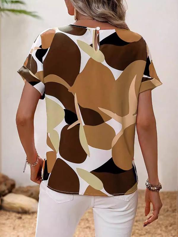 Loose Short Sleeves Contrast Color Hollow Printed Split-Joint Round-neck T-Shirts Tops Product Image